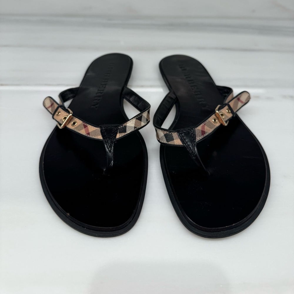 Burberry Black and Beige Plaid Flip Flops